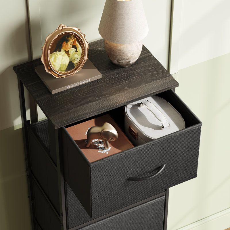 Commode noire Ojaswi à 5 tiroirs avec plateau en bois pour chambre, commode à tiroirs avec structure en acier robuste pour petits espaces, tour de rangement pour placard, couloir