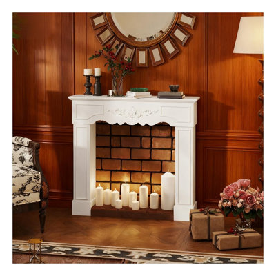 Freestanding Fireplace Mantel Surround with Baroque Detail, White MDF and Wood Finish