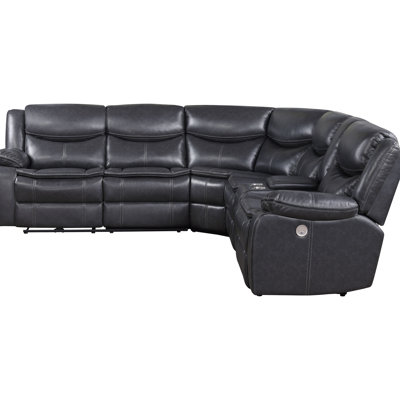 Grey Upholstered Sectional With Power Reclining, Pillowed Arms, And Space Saving Design Faux Leather Reclining L-shaped For Bedroom Silhouette Flip Top Console