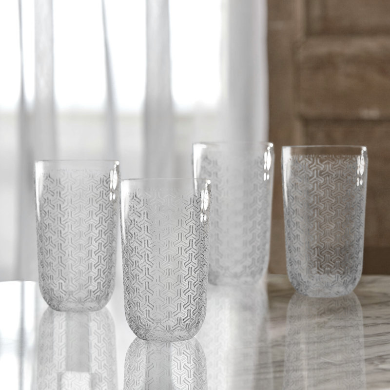 Blue Geometric Textured 14oz Highball Glass Set