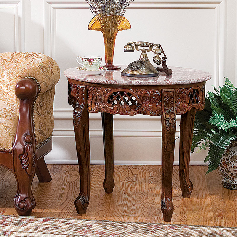 Chantret Hand-Carved Hardwood Side Table with Marble Top