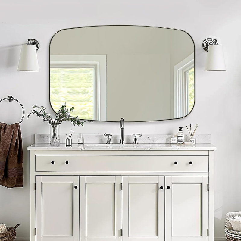 Miroir de salle de bain ovale moderne | Cadre en acier inoxydable, Nickel brossé, 48 po x 32 po