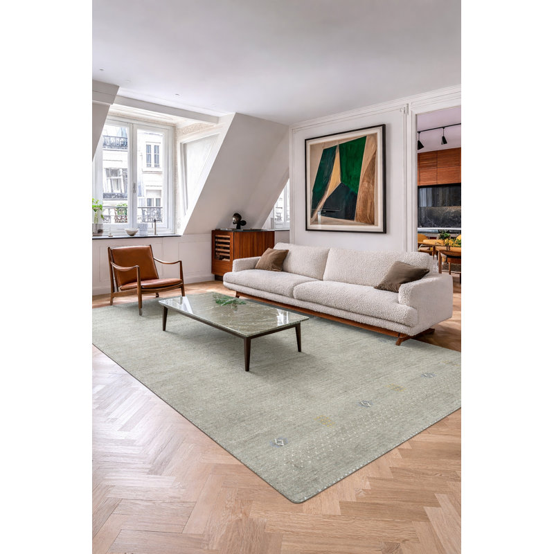 Gray Hand-Knotted Wool Framed Centerpiece Geometric Modern Contemporary Carpet Rug, 2' x 4'
