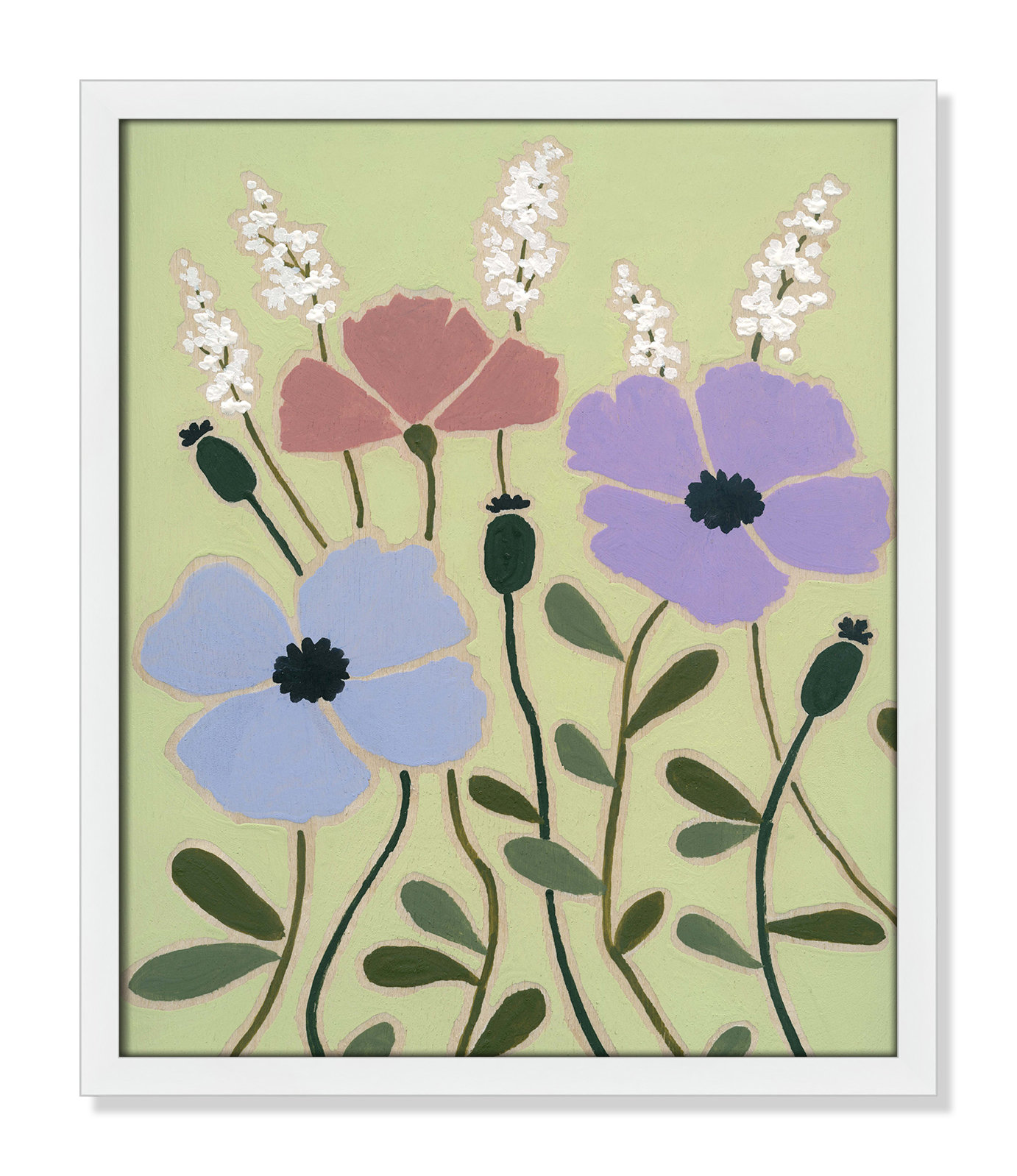 Maura "Woodblock Floral III" Print, 19" H x 16" W x 1.25" D, Satin White Framed