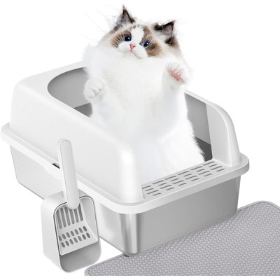 Stainless Steel Litter Box with Lid – Anti-Spill Large Capacity Odor Resistant Cat Litter Pan
