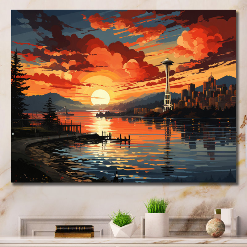 Orange, ville jaune, Seattle, Popart, impression sur toile, H 16 po x l 32 po x P 1 po, Cadre photo noir