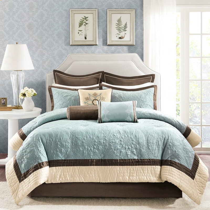 Édredon en charmeuse bleue, avec trois coussins décoratifs, charmeuse décorative 9 pièces et euro