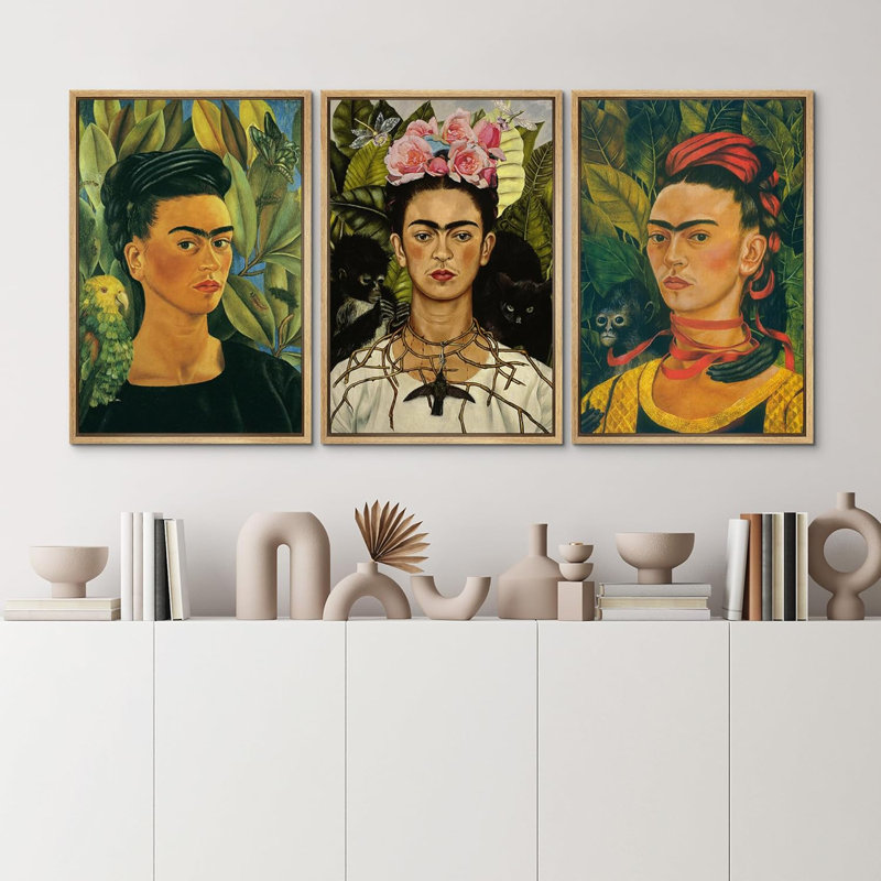 "Célèbre œuvre d'art", "Autoportrait floral" par Frida Khalo, reproduction d'art encadrée sur toile, 3 pièces, Naturel