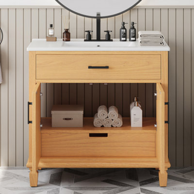 Meuble-lavabo de 36 po en rotin avec lavabo en céramique, meuble-lavabo moderne avec 2 portes à fermeture douce et 3 tiroirs, meuble-lavabo autoportant avec pieds en bois massif et grand espace de rangement
