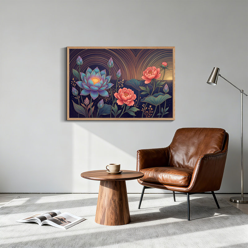 Art mural sur toile de lotus bleu et pivoines roses avec lignes ondulées dorées, 24"H x36"W