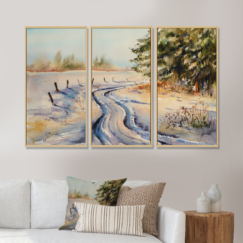 «Snowy Winter Forest Landscape», ensemble d'art mural sur toile encadré champêtre, L 48 po x H 32 po, Blanc