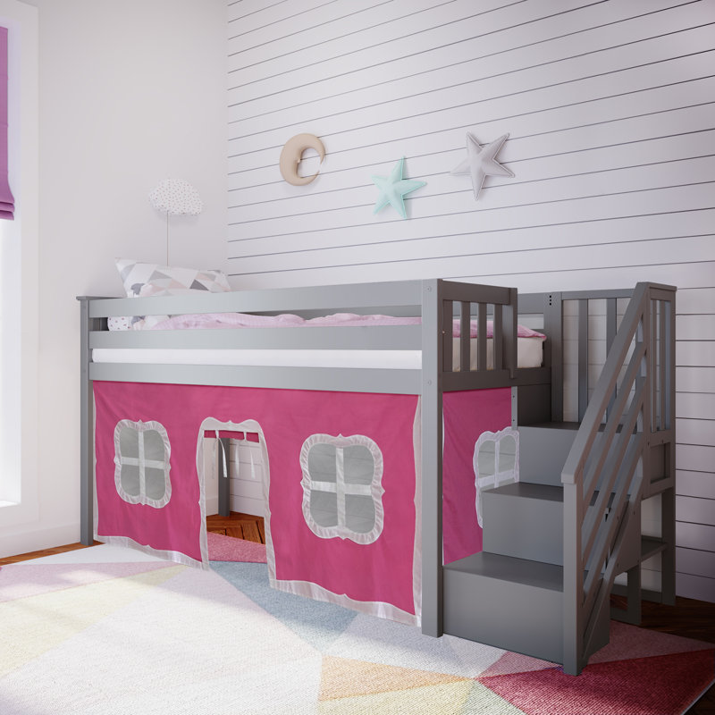 Lit mezzanine simple avec escalier et rideau de jeu Glyndon Kids, Argile, Rose
