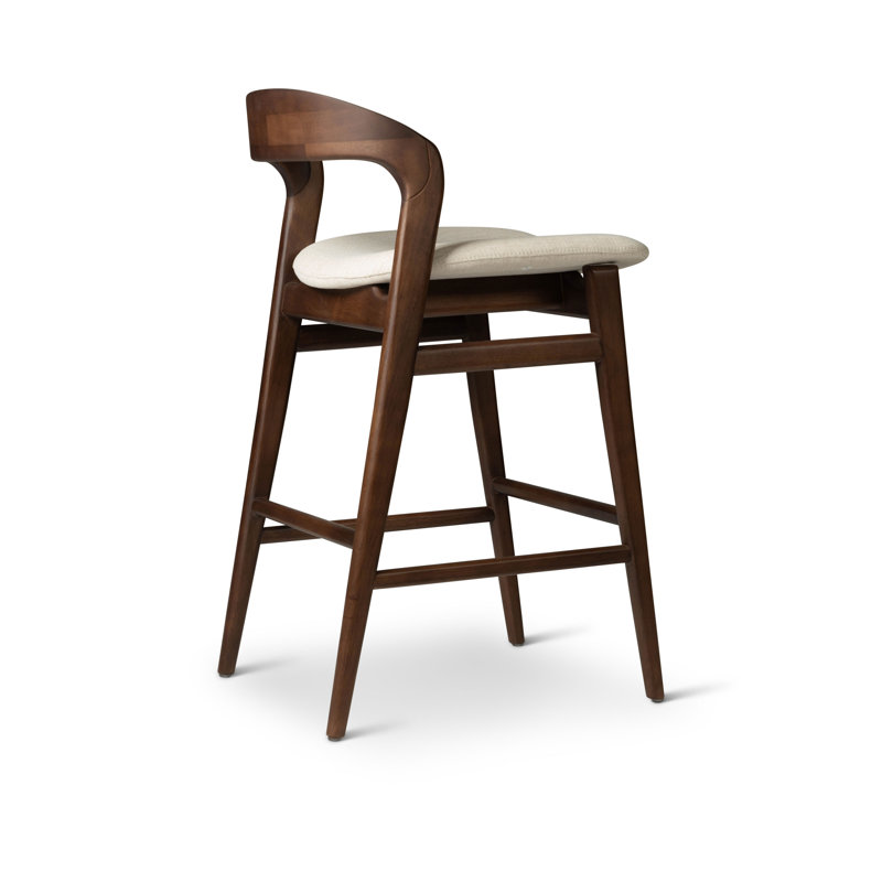 Modern Brazilian Upholstered Stool with Solid Wood Frame, Medley Ivory Performance Basketweave