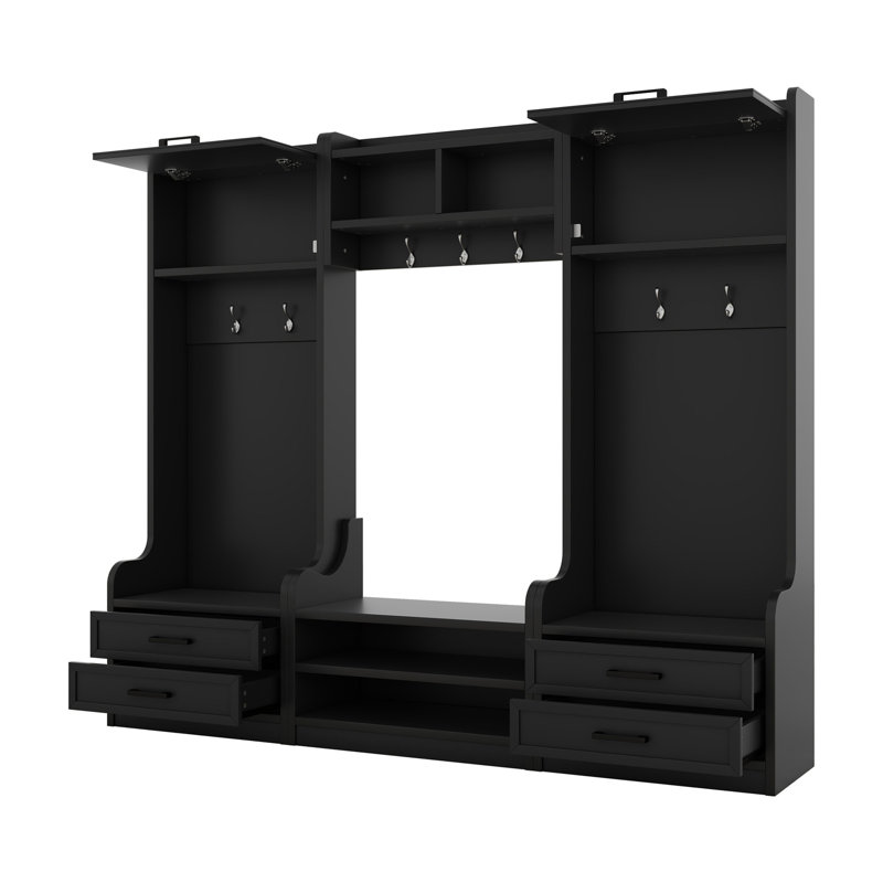 4-In-1 Detachable Hall Tree With Storage And 7 Hooks, Multiple Functions Hallway Coat Rack With Storage Drawers And Cabinet, Black Shoe Bench For Entryway Hallway