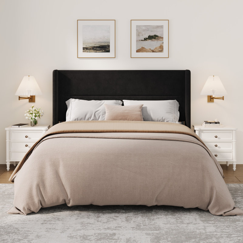Queen Bed Frame with Wingback Headboard, Velvet Upholstered Platform Bed Frame with Sturdy Wooden Slats Support, No Box Spring Needed, Easy Assembly, Black