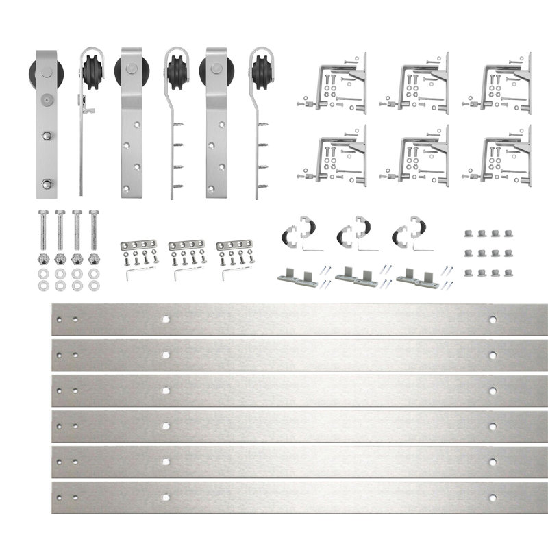 Ensemble de quincaillerie de porte de grange coulissante à triple rail en nickel brossé (pour épaisseur de porte de 1-1 / 4 po à 1-3 / 8 po), trois rails plats de 9 pieds de long, pour trois portes intérieures (portes non incluses)