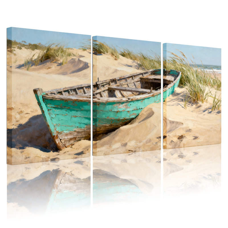Nautique et plage, vieux bateau sur une plage de sable avec dunes, ensemble de 3 impressions sur toile, L 24 po x l 48 po