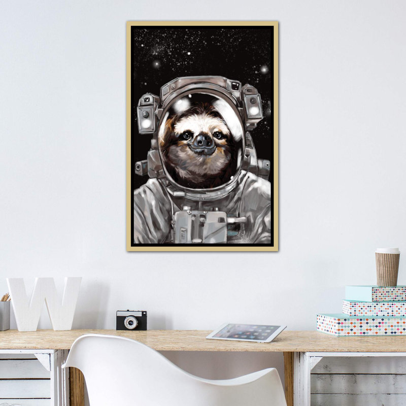 Astronaut Sloth Selfie Art, 26" H x 18" W x 1.5" D, Gold Framed Canvas