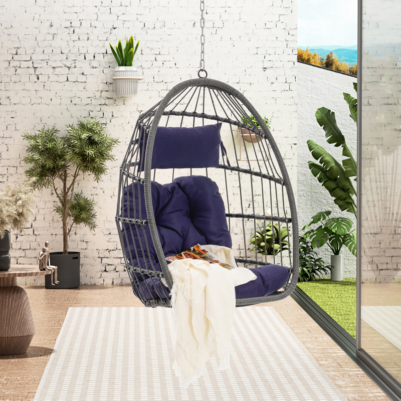 All-weather Outdoor Egg Swing Chair, Dark Blue, With Comfortable Sitting And Durability Waterproof Cushion Frame
