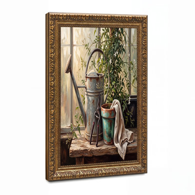 Metal Watering Can and Potted Plant on Window Sill Canvas Wall Art