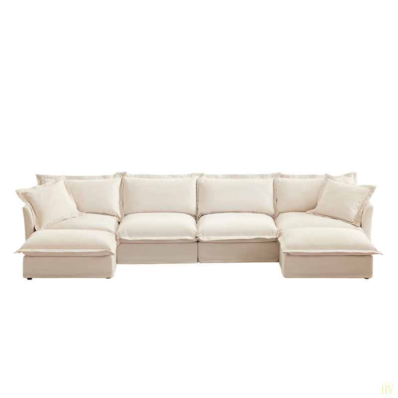 Canapé modulaire large et profond à housse en U avec housse, canapé 4 places avec bordures françaises, plusieurs grands coussins, canapé moelleux à siège profond et moelleux pour salon, appartement, tissu chenille