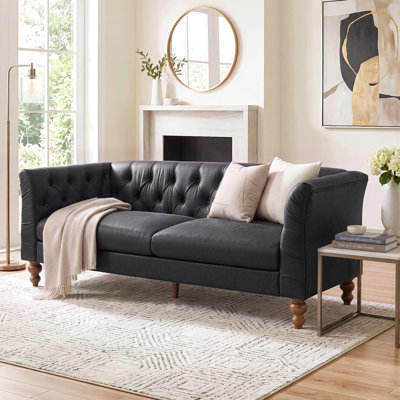 73.5'' Chesterfield Sofa Pu Upholstered Couch With Flared Arms, Tufted Back & Walnut Rubberwood Legs Multi Cushion Seat Sofa For Living Room And Home Lounge, Black
