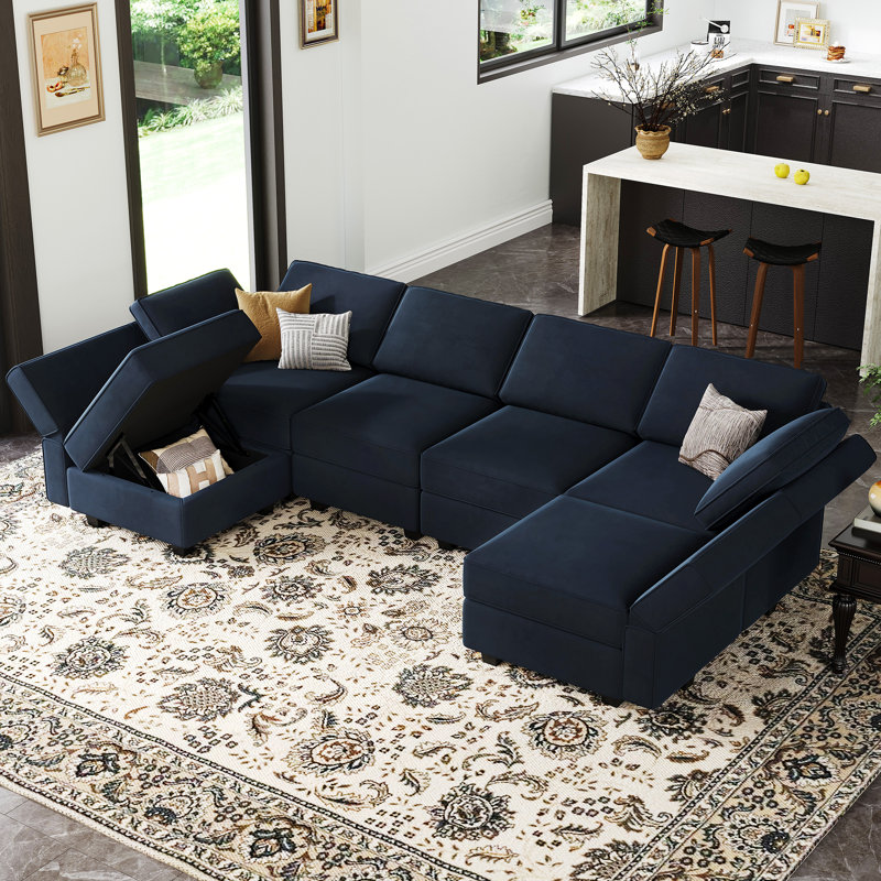 Ridoy 7-Pieces 116.6'' Wide Velvet Sectional Modular Sofa U Shaped Couch Storage Sofa - 6 Ottomans Seat, Blue  Velvet