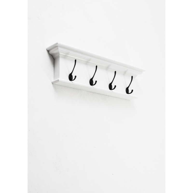 28" Solid Wood Four Hook Wall Mount Coat Rack, White