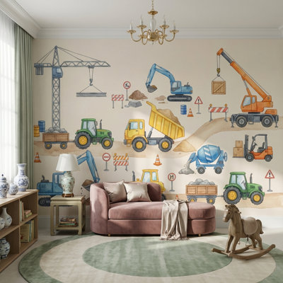 Papier peint mural ludique à motifs de véhicules de chantier