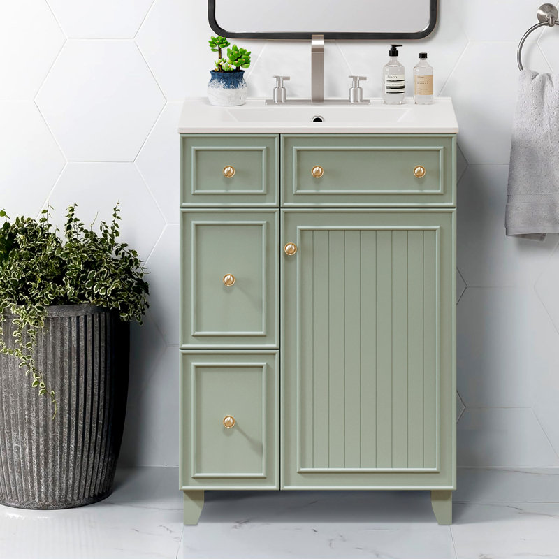 Meuble-lavabo 24 po avec lavabo en céramique, Vert / doré