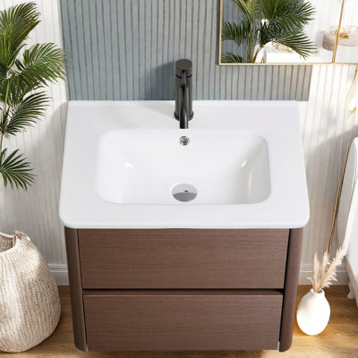 Meuble-lavabo moderne 24 "avec lavabo en porcelaine, contreplaqué brun foncé pour salles de bain compactes