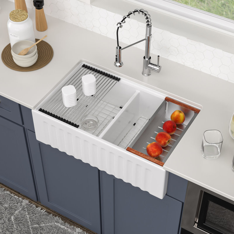 Évier de cuisine à double cuve en céramique blanche 33 po x l 20 po