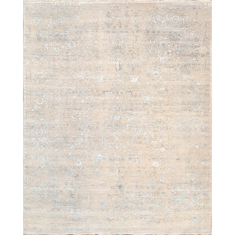 Tapis beige / bleu en laine noué à la main