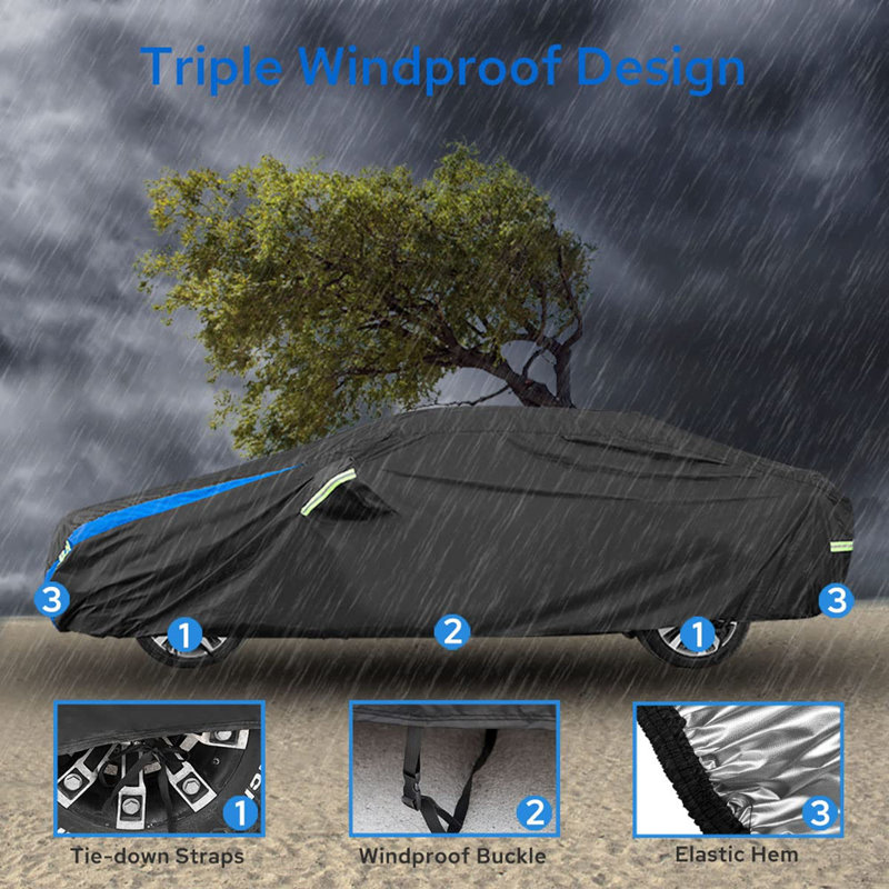 Waterproof All-Weather Car Cover For Sedan (194-208 Inch), Heavy Duty Outdoor Full Exterior Cover With Reflective Strips & Windproof Straps