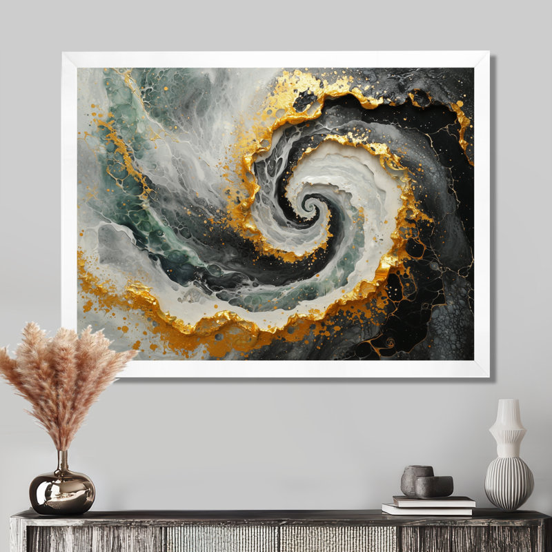 Abstrait noir et or cosmique vortex II - spirales abstraites, art mural, H 12 po x l 20 po, Cadre de photo unique, Blanc