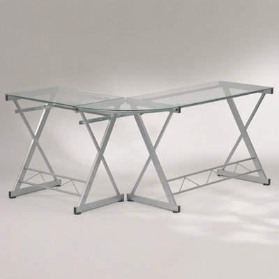 Bureau d'ordinateur en L en verre trempé avec panneau de clavier coulissant, transparent