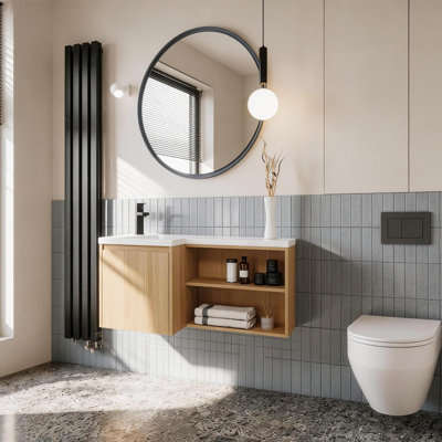 36" Bathroom Vanity with a Resin Sink on the Left and an L-Shaped Wall-Mounted Vanity on the Right