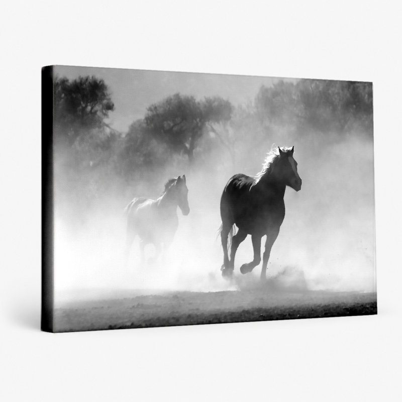 Wild Horses in Dust - Paysage, art mural sur toile, 14" W x 11" H