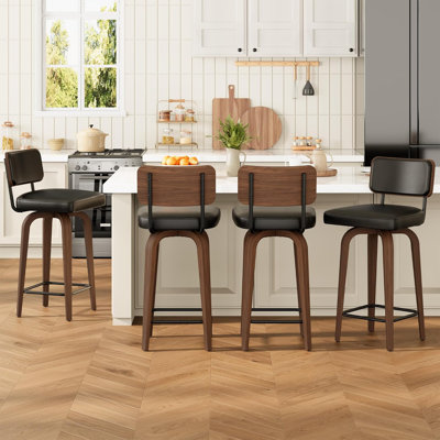 Swivel Bar Stools Set of 4, 26" Upholstered Counter Height Bar Stools with Back and Walnut Wood Legs, Mid Century Bar Chair Island Stool for Kitchen Counter, Faux Leather Barstools