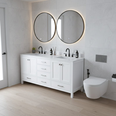 Meuble-lavabo autoportant de 72 po, base solide, 2 bacs blancs, armoire de rangement 72 po facile à installer, bois, lavabo blanc, conception épurée