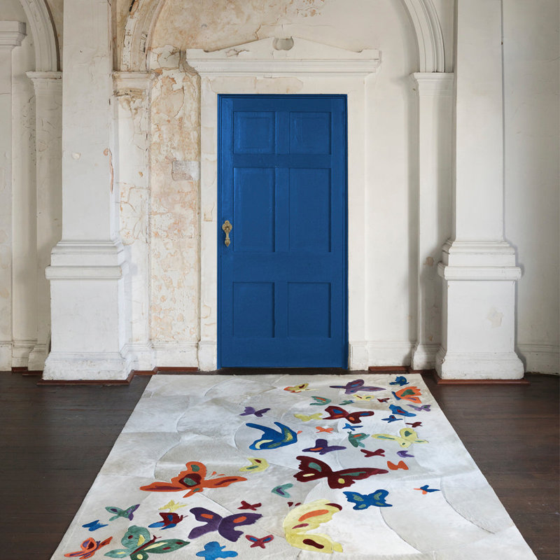 Mariposa Cowhide Area Rug in Ivory/Orange/Yellow/Blue, Rectangle 7' x 10'