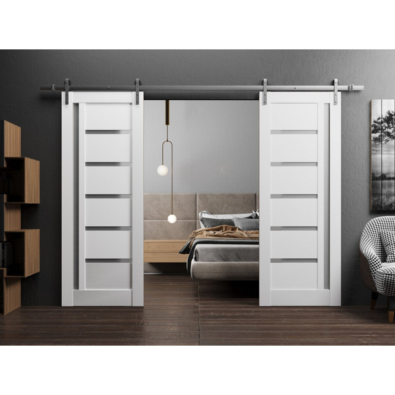 Porte de grange double robuste avec rail Quadro 4088 Blanc Soie et verre dépoli, supports de rail de 4 m (13 pi), portes intérieures à panneaux pleins et lourds - 122 cm x 213 cm (48 po x 84 po) (2 x 61 cm x 243 cm) - Rail argenté - Verre dépoli