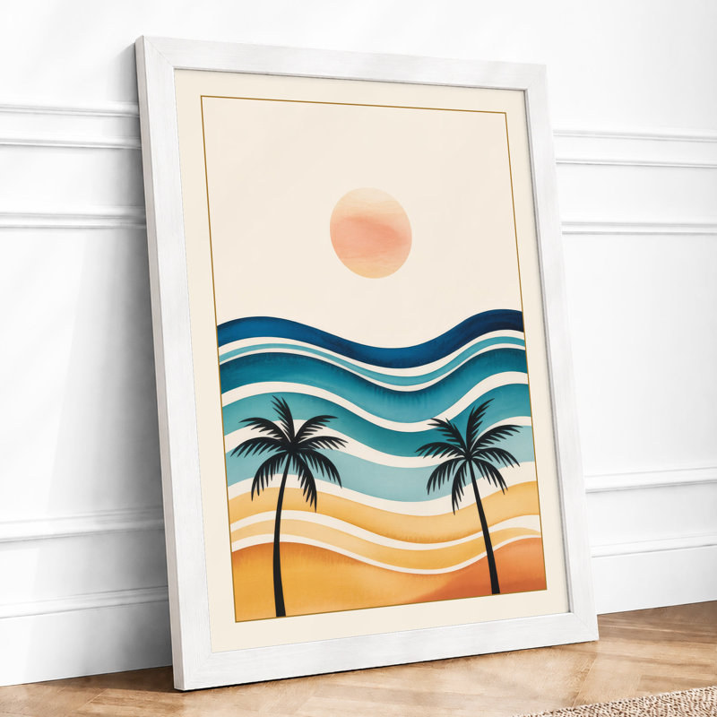 Tropical Sunset Palms Coastal - Framed Print, A4 - 29.7 x 21.0 cm, White