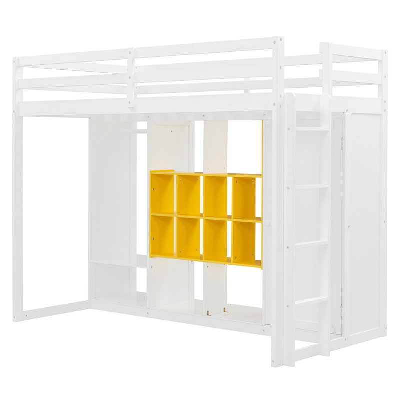 Lit mezzanine simple pour enfants avec garde-robe, Jaune / Blanc