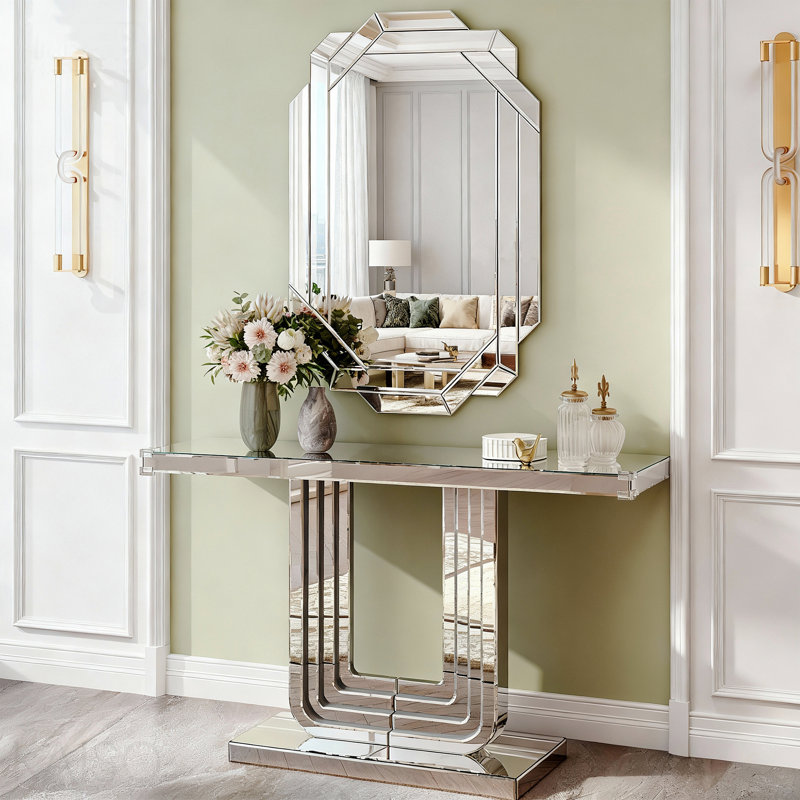 Console à miroir 47 po, base en U, épissée à la main pour le salon - argent