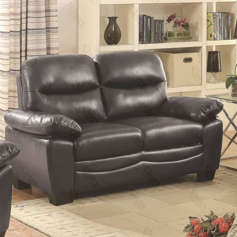 Mouton Faux Leather Pillow Top Arm Loveseat, Black Faux Leather, 35"H x 78"W x 33"D