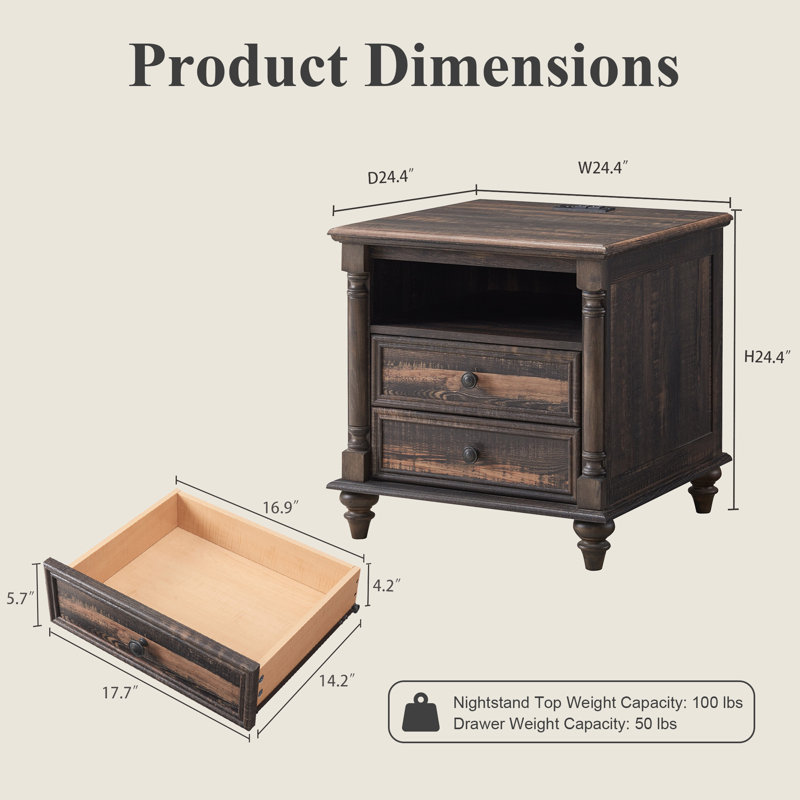 Table d'appoint de ferme 24 po avec station de charge et 2 grands tiroirs 24 po, Espresso 