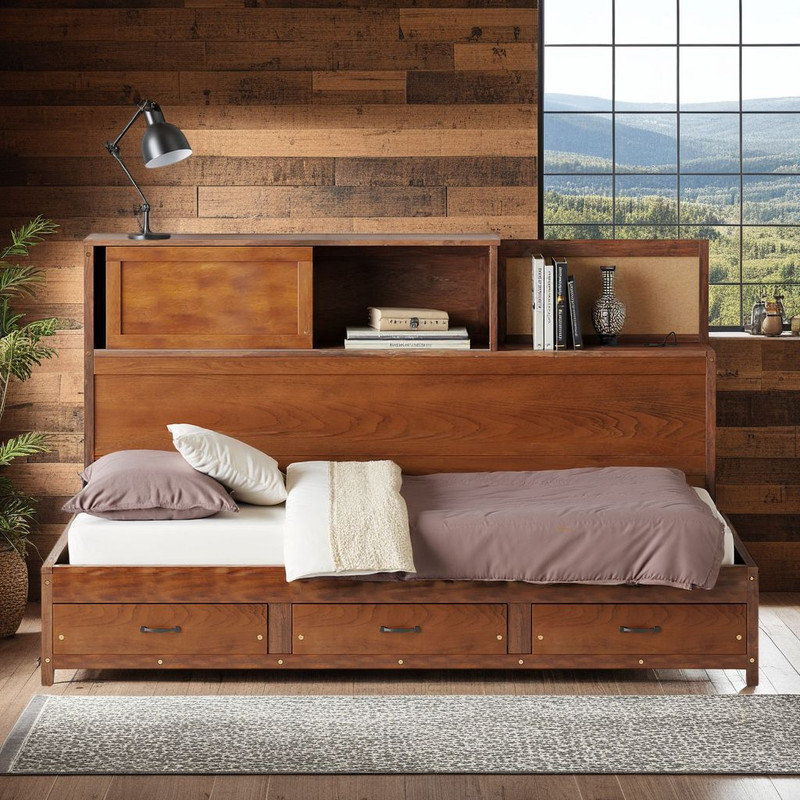 Lit de jour en bois pleine grandeur - 3 tiroirs, ports USB, tablette amovible, capacité de 350 lb?, Lit double, Brun