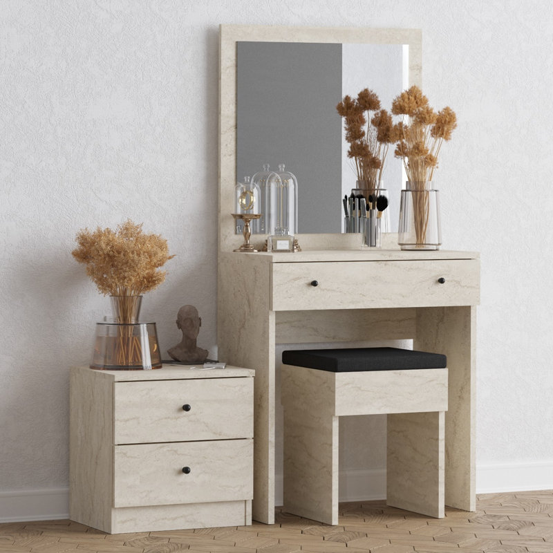 Table de maquillage moderne avec miroir, 25,6 po x 54,7 po x 13,8 po | 100% panneau de particules enduit de mélamine, épaisseur: 0,7 pouce | Fixation murale avec table de chevet et chaise élégantes - Finition marbre élégant