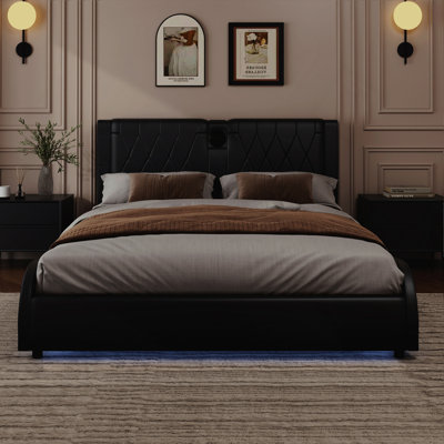 King Size Luxurious Faux Leather Upholstered Platform Bed With Thickened Headboard, Bluetooth Speakers And RGB LED Light, No Box Spring Needed, Black